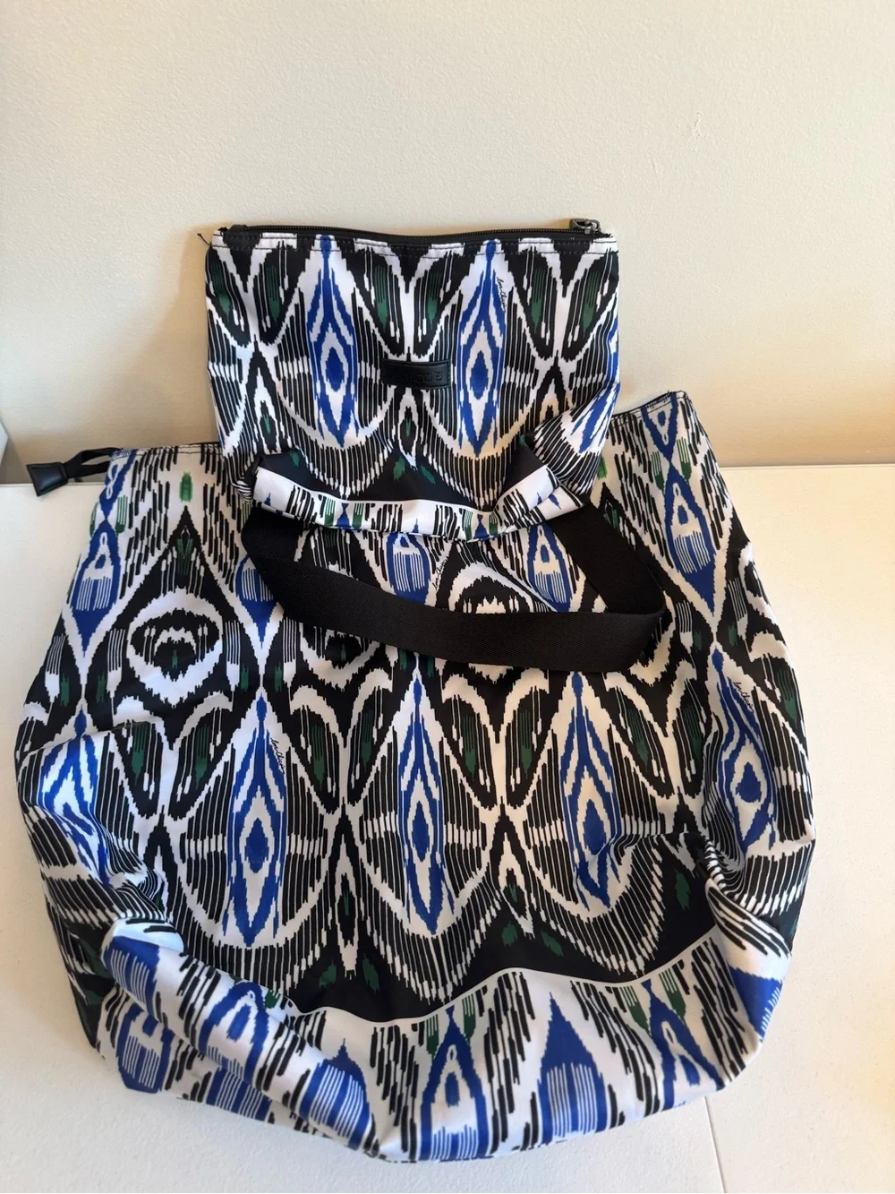 Chico's Black Tote with Blue & Green Ikat Pattern & makeup bag